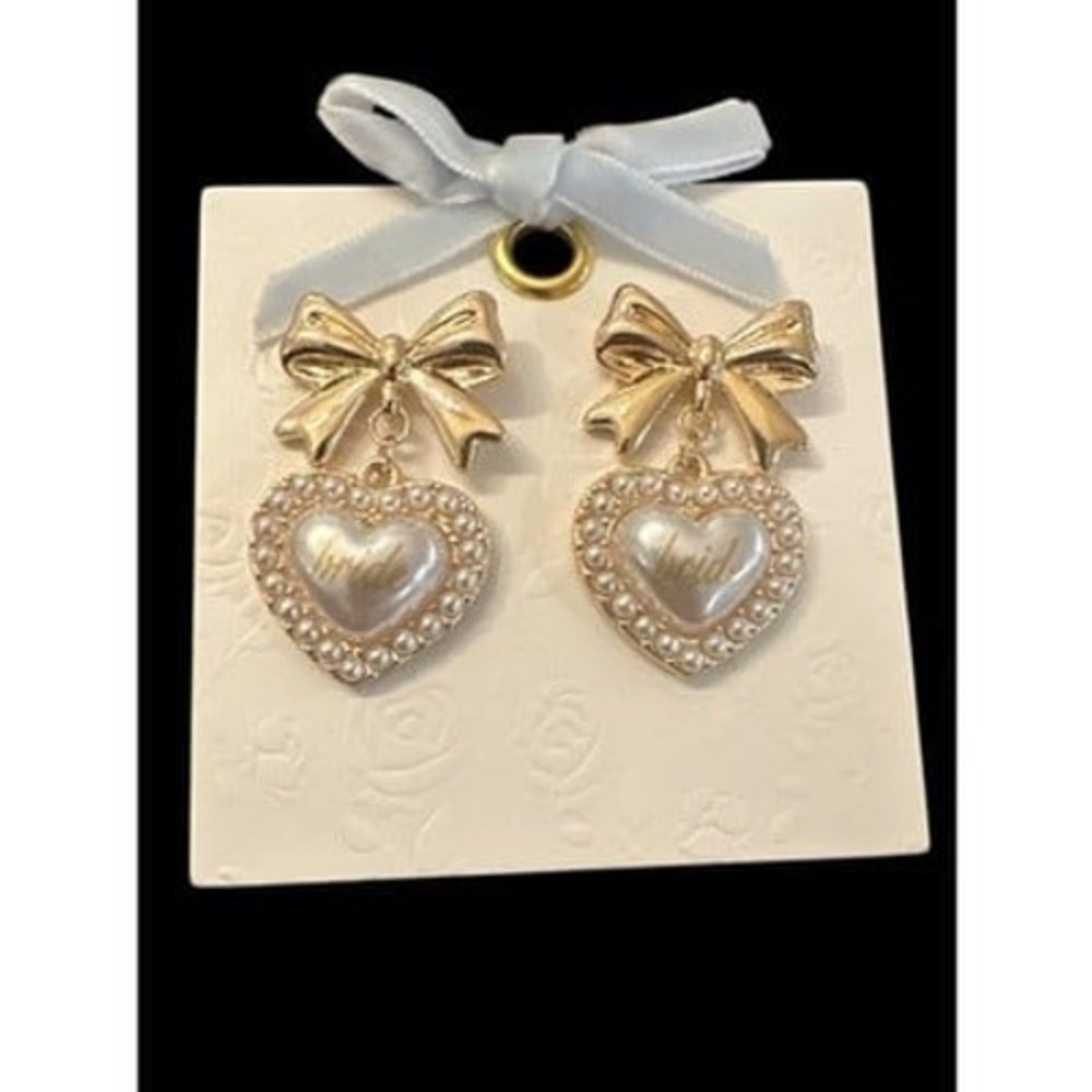 Gold Bow Pearl‎ Heart Bride Drop Earrings Wedding Bridal Bachelorette Accessory